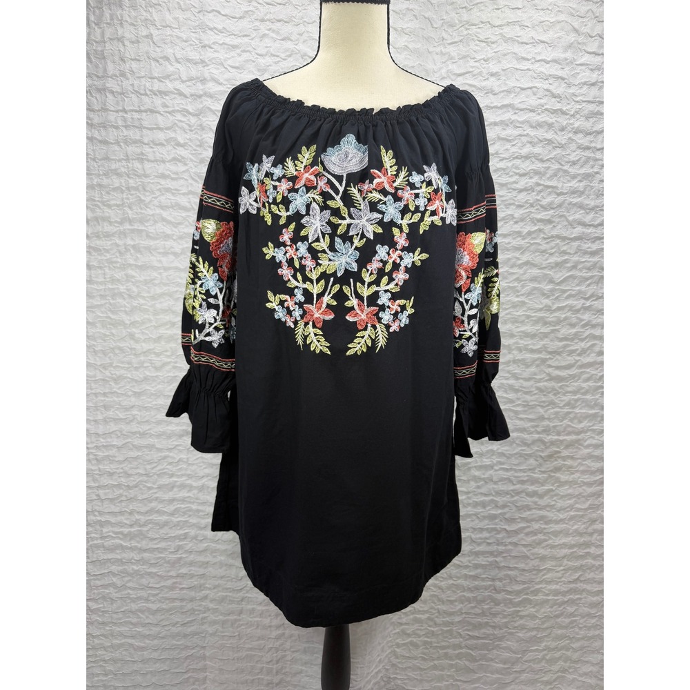 Free People Black Embroidered Off Shoulder Floral Mini Dress XS New